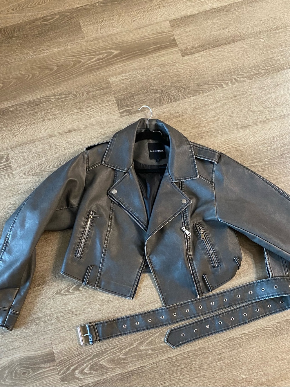 Fashion Nova Black/grey Cropped Faux Leather Moto Jacket with Belt